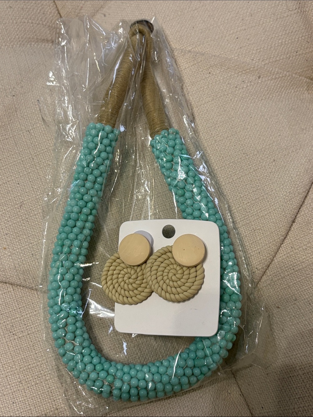 Beaded Turquoise Statement Necklace & Beige Rope Earrings Set